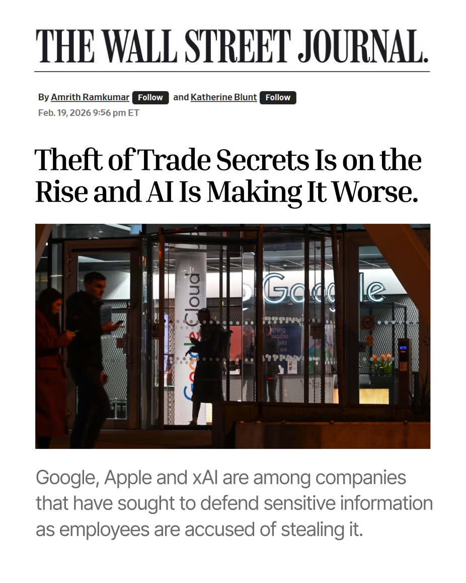 Wall Street Journal article about rising trade secret theft in AI, featuring Google Cloud's office entrance and employees.
