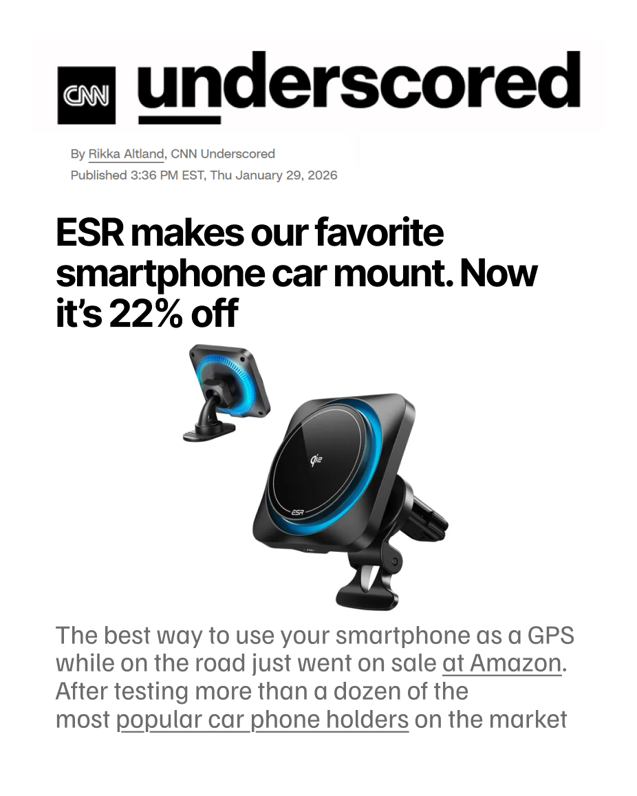 CNN Underscored product feature showing a black ESR smartphone car mount with blue LED ring light at a discount.