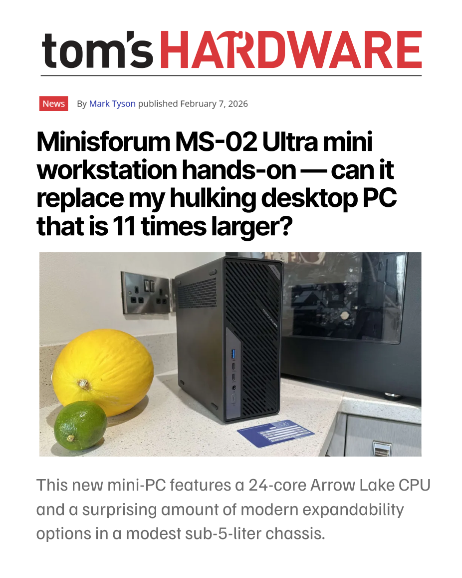 Hands-on review of Minisforum MS-02 Ultra mini workstation with 24-core Arrow Lake CPU next to a large desktop PC.