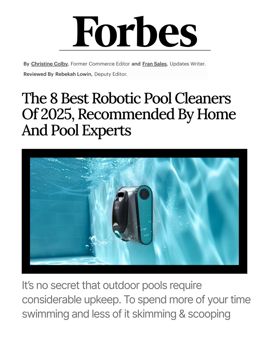 Forbes guide to the 8 best robotic pool cleaners of 2025, showing an automated teal cleaner underwater in a pool.
