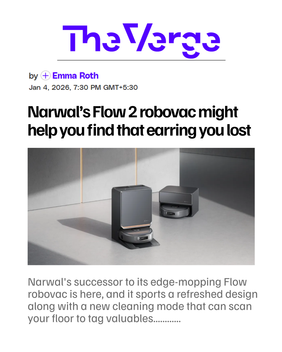 The Verge article about Narwal Flow 2 robovac, showing two sleek gray robot vacuum units with floor-scanning technology.